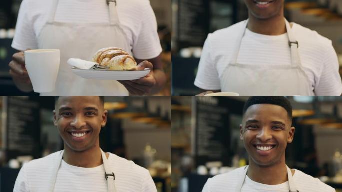 4k视频片段，一个年轻的男性面包师在面包店拿着一杯咖啡和一个盘子