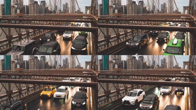 黄昏时布鲁克林大桥上的交通