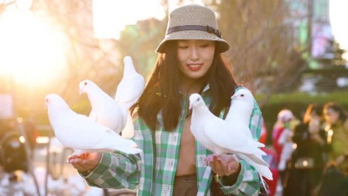 日落时喂鸽子的年轻妇女