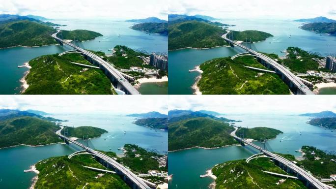 香港青马大桥沿岸建设鸟瞰都市交通建设
