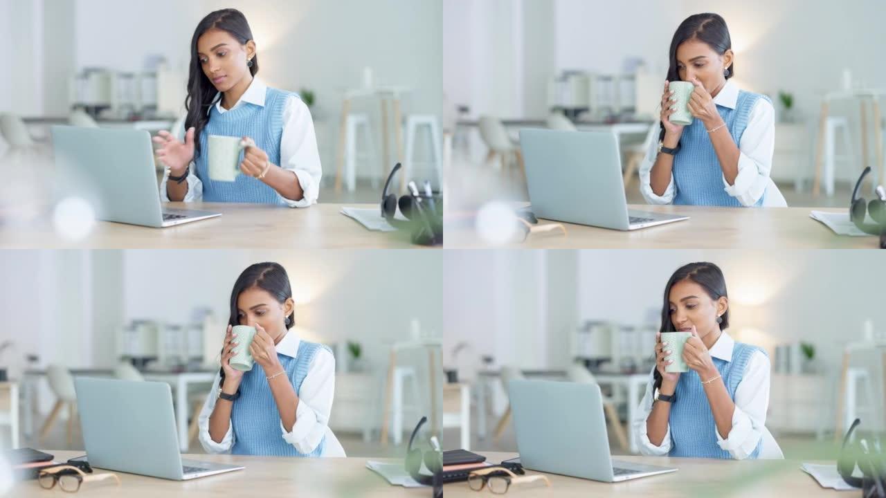 年轻的女商人在完成任务后喝咖啡休息，或者在工作时在笔记本电脑上工作。发送电子邮件后，高兴的女性公司专
