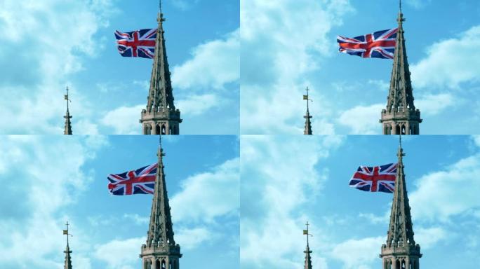 塔尖上的英国国旗迎风飘扬