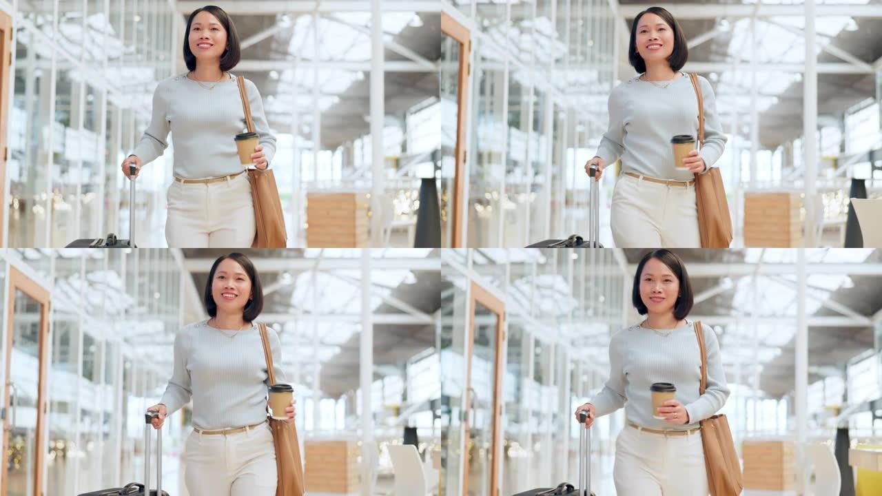 亚洲女商人，手提箱或带着微笑，散步或在商务旅行中兴奋地在机场旅行。投资机构的国际，海外或全球工作的公