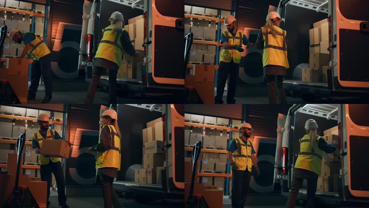物流零售仓库外: 男女不同的工人队伍用纸箱装载送货卡车，做击掌，庆祝。交付在线订单、采购、电子商务
