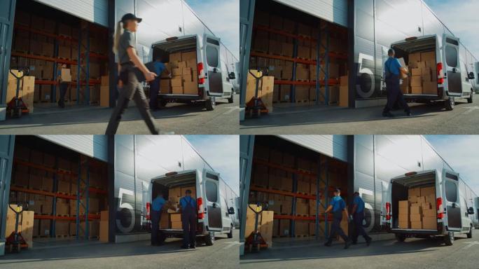 物流配送仓库之外，有不同的工人团队用纸板箱装载送货卡车。交付在线订单、采购、电子商务商品。静态宽拍