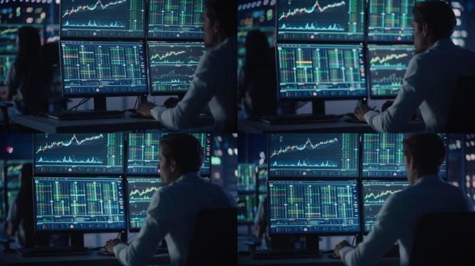 金融分析师和日间交易员在一台具有多监控工作站的计算机上工作，该工作站具有实时股票，商品和交易所市场图