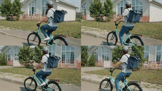 年轻女子骑自行车，背包在郊区运送食物