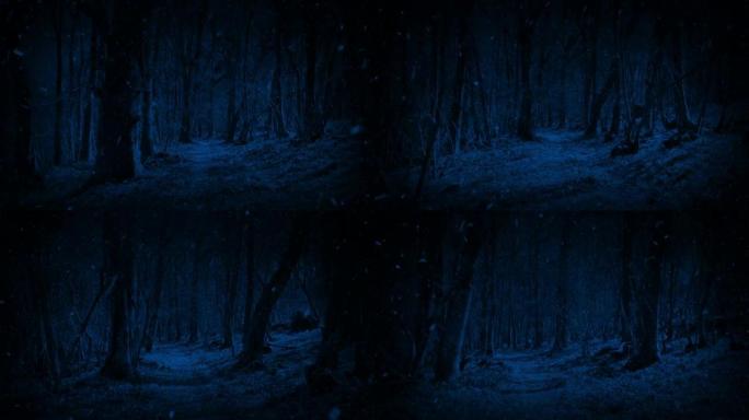 POV怪物在降雪中穿过树林