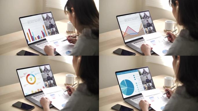 亚洲妇女与她的团队进行在线视频通话，在家工作