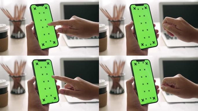 使用带有绿屏显示的智能手机的特写手