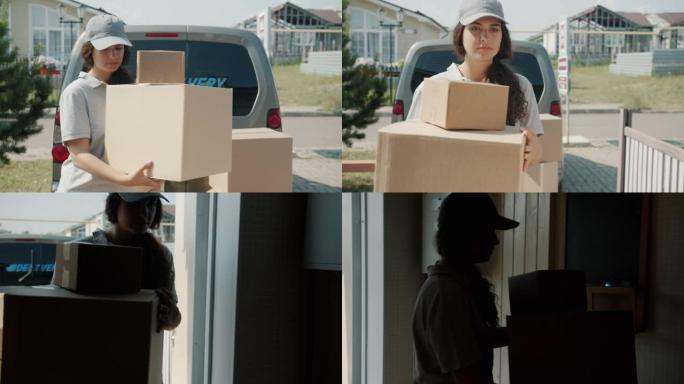 穿着制服的年轻女子将箱子从送货车运送到独自工作的房屋