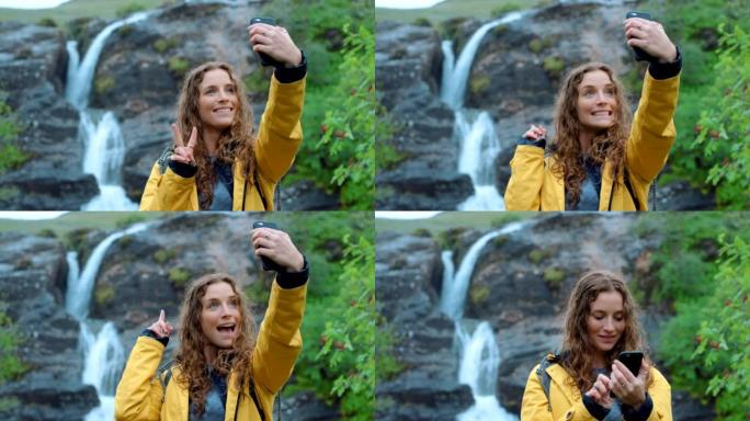 一名女性在森林喷泉前自拍的4k视频片段