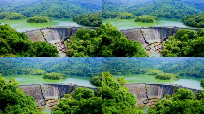 何培水库景观碧绿水面水流流动森林水库