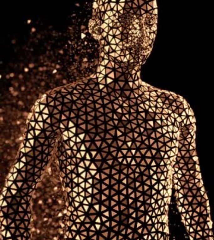 行走的人的多边形全息图，由黑色背景上的腰部金色金属三角形组成。计算机生成的人形机器人场景