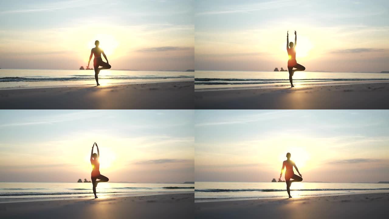 在海滩上做瑜伽的运动女人的剪影