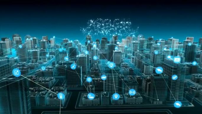 智能城市上的智能传感器图标，连接 “无线技术” 物联网。4k。