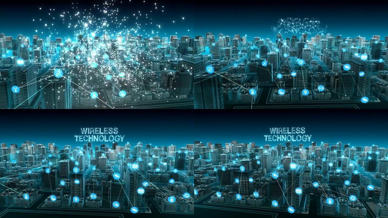 智能城市上的智能传感器图标，连接 “无线技术” 物联网。4k。