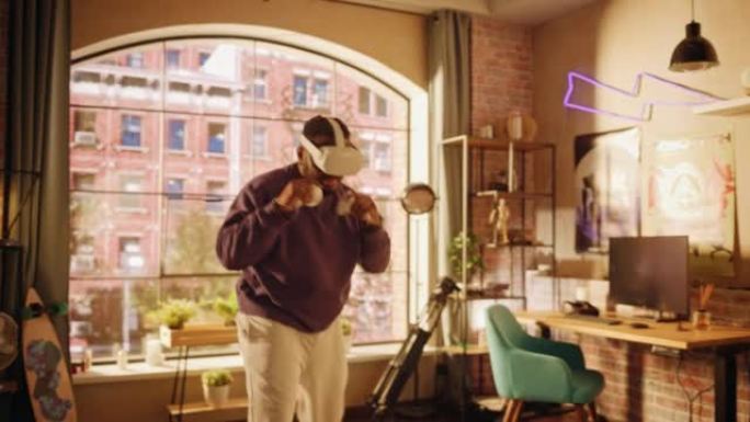精力充沛的非洲裔美国年轻人戴着虚拟现实耳机，拿着控制器，在家玩视频游戏。活跃的人在客厅中间玩VR游戏