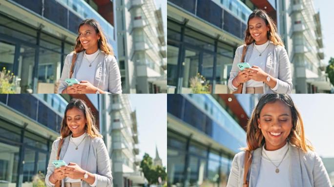 黑人妇女，电话和微笑，与一名商务员工在户外发短信的城市旅行。快乐，城市和社交媒体应用程序滚动，一位年