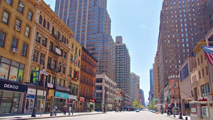 商店位于纽约安静的城市街道上。曼哈顿。美国国旗。