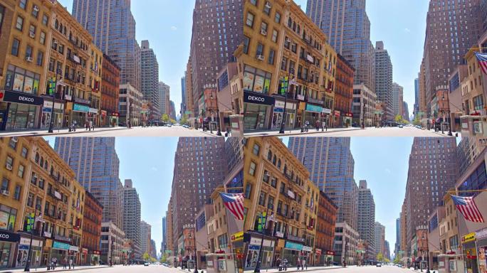 商店位于纽约安静的城市街道上。曼哈顿。美国国旗。
