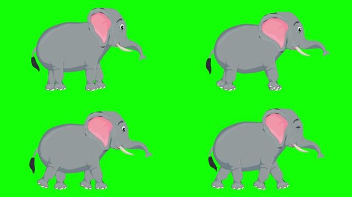 在绿屏上运行可爱又累的大象慢动作动画。动物，野生动物，游戏，返校的概念，3d动画，电影，有机，色键，