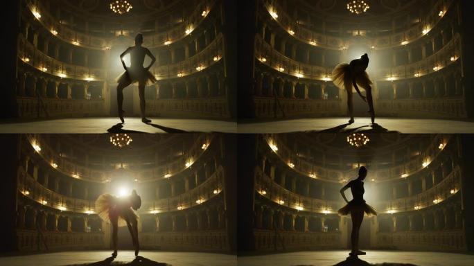 一位年轻优美的古典芭蕾舞女舞者穿着白色芭蕾舞短裙的电影镜头正在热身，在演出开始前在经典剧院舞台上表演