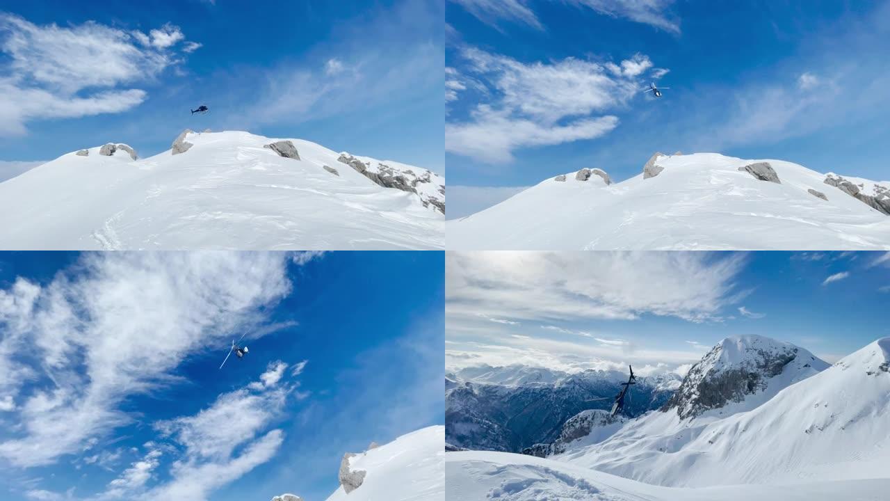 低角度视图: 直升机从雪山起飞，飞向山谷