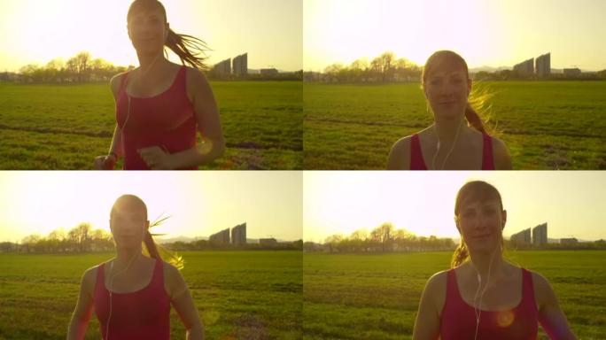 慢动作: 年轻的女性慢跑者朝镜头奔跑