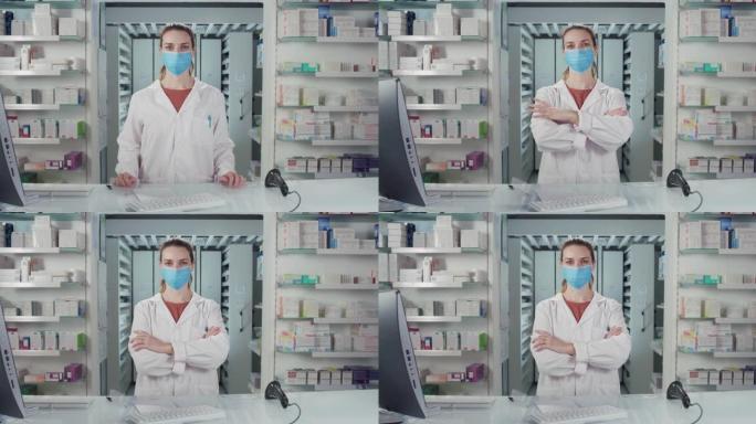 电影镜头中，一名戴着医用防护口罩的女药师在药店里满意地微笑着。新冠肺炎概念、防护、冠状病毒、安全、保