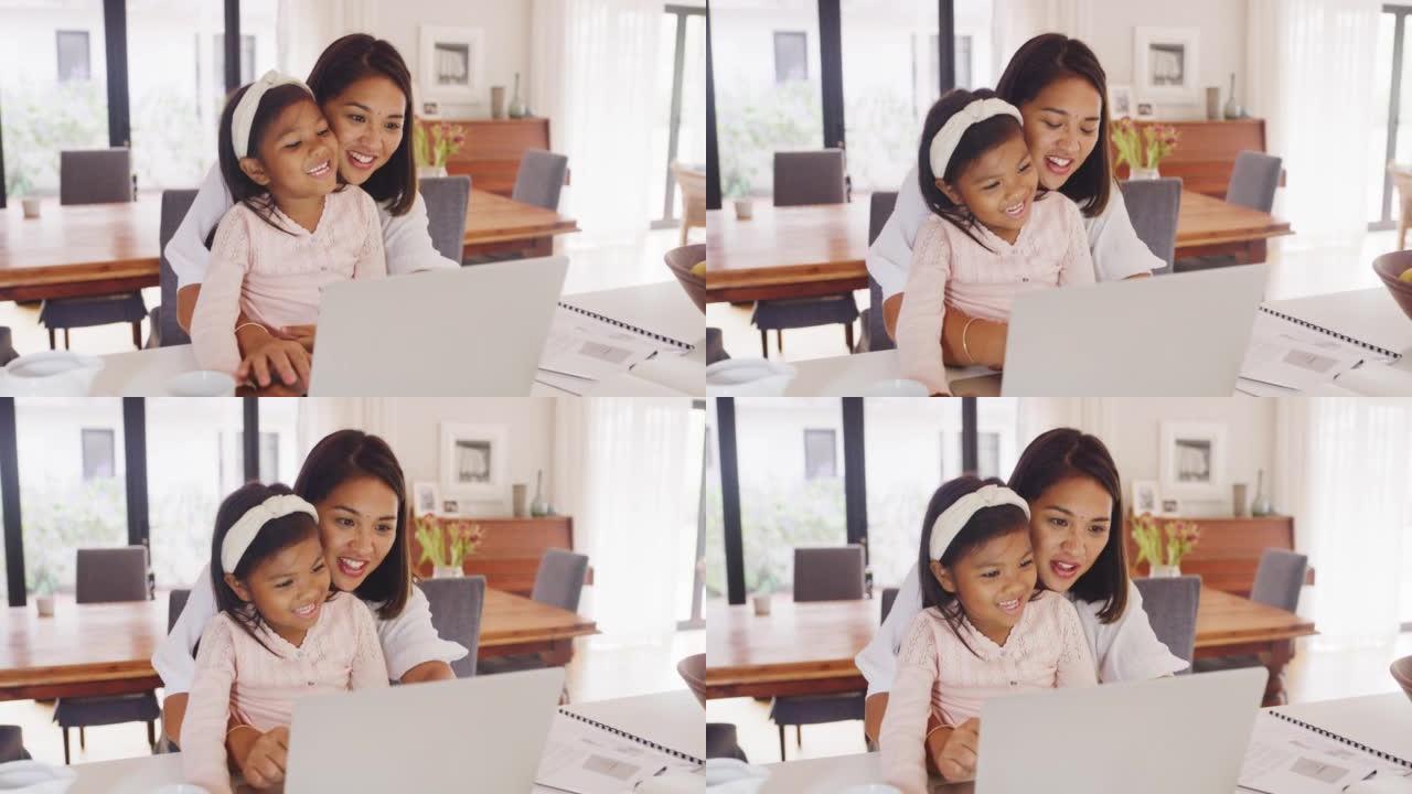 母女俩在笔记本电脑上玩得开心，一边在家一起放松，一边学习教育和流媒体电影。快乐的女孩学习，观看有趣的