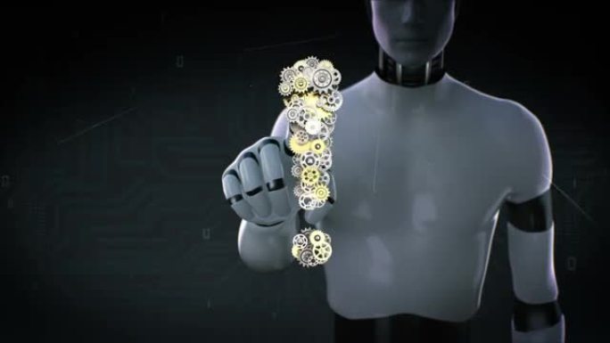 机器人触屏，钢金色齿轮制作感叹号形状。4k动画。