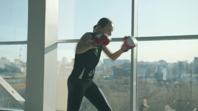 有动力的年轻女运动员在现代体育馆里拳击，戴着手套和运动服