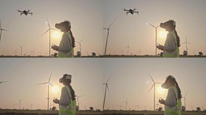 工程师在风力涡轮机工程项目上操作无人机
