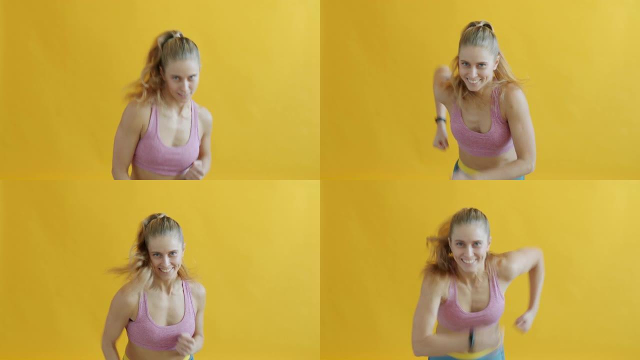 穿着运动服的活跃女孩肖像慢跑微笑在黄色背景上锻炼