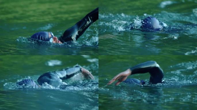 男子在湖中游泳自由泳视频素材野外