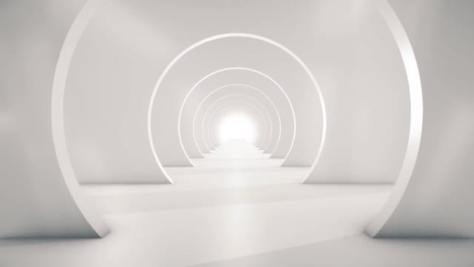 在慢动作中飞越未来派白色隧道 (可循环) 抽象3D动画。照明走廊的概念，室内设计，宇宙飞船，科学，技