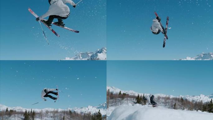 特写: 自由式滑雪者起飞踢脚，并进行具有挑战性的360抢。