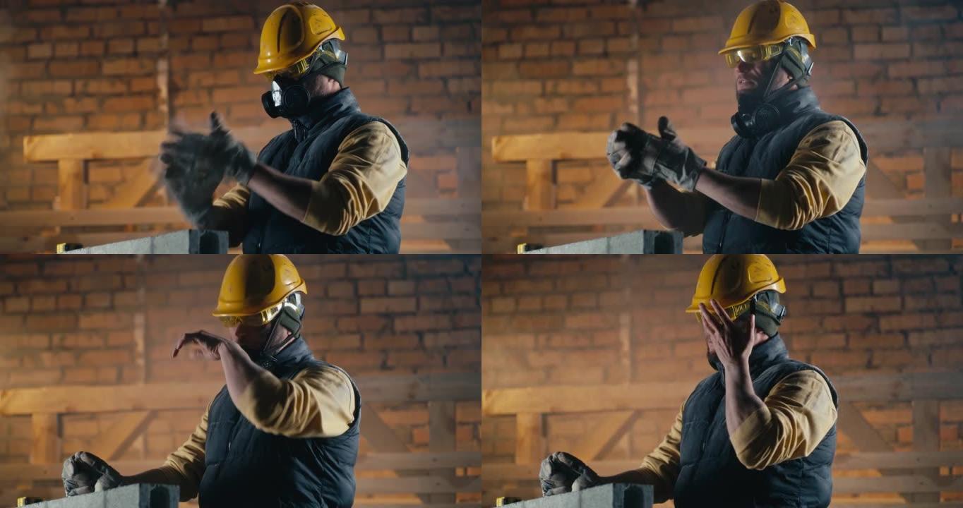 男性建筑商在工作期间清洁鼻子
