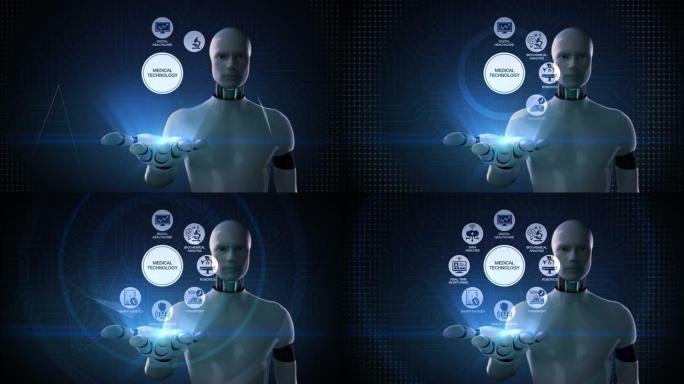 机器人，半机械人打开手掌，'医疗技术' 和各种未来的医疗技术图标，4k动画。
