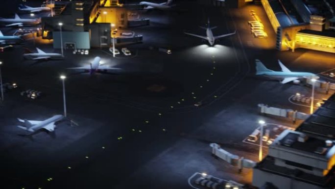 带有飞机，客运大楼，跑道和服务机械的3D商业机场鸟瞰图。夜间移动国际港口的现代VFX飞机的俯视图。