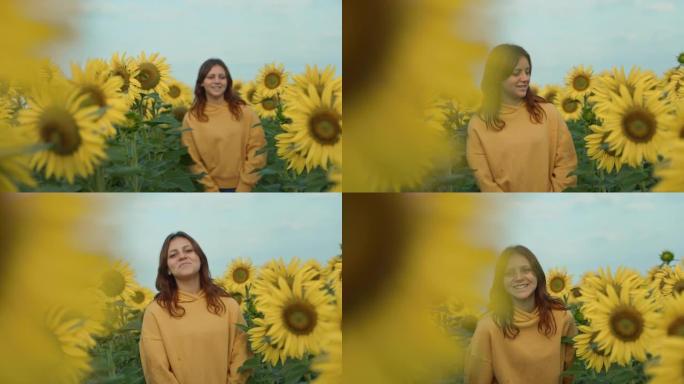 十几岁的女孩在野外触摸向日葵作物的肖像