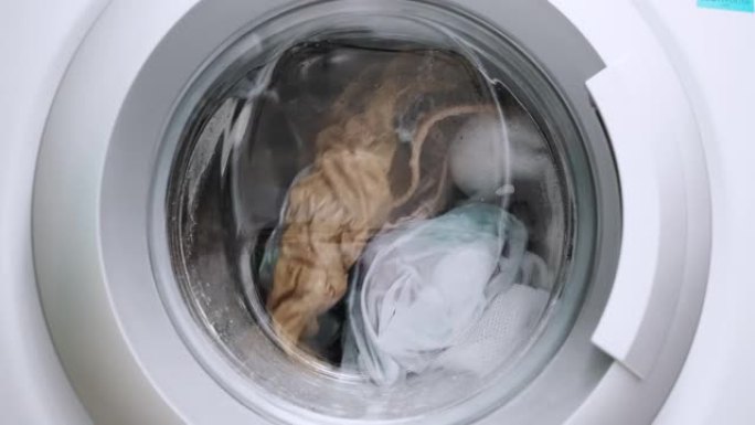特写视图洗衣机舷窗。慢动作洗衣服过程