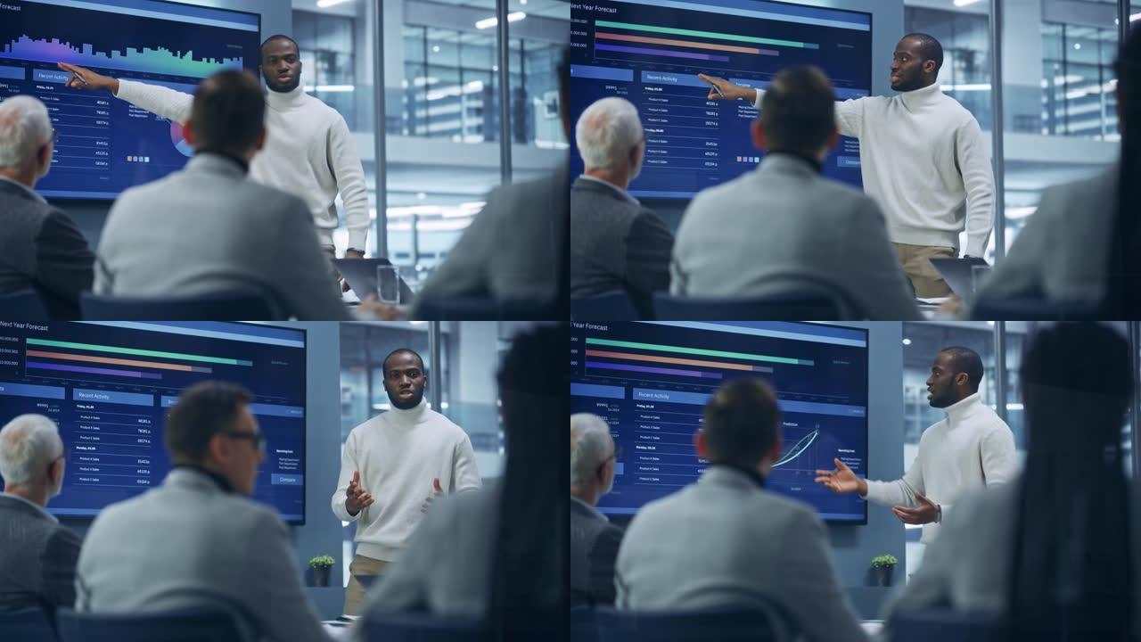 多元化的现代办公室: 成功的黑人商人肖像使用电视屏幕与大数据，统计，谈论公司的增长。创意数字企业家从