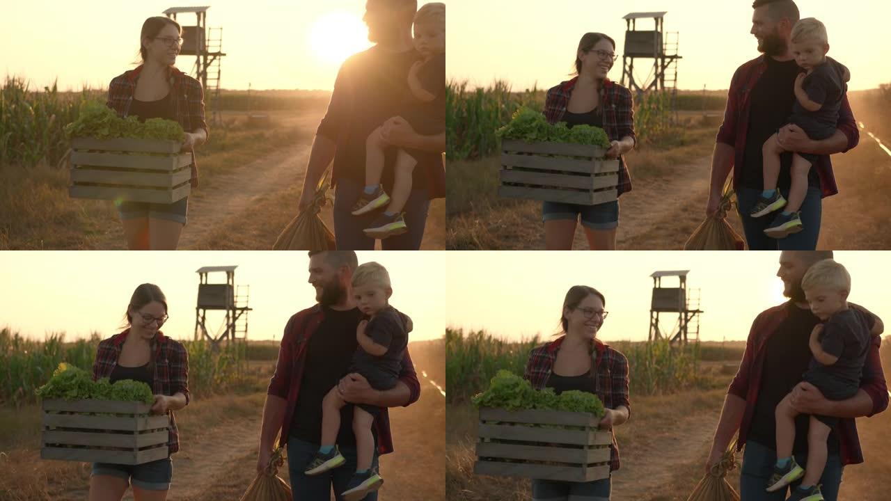 带着一个孩子的SLO MO年轻农业夫妇在日落时分沿着田野散步