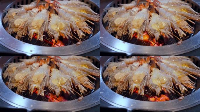 4K UHD慢动作烤肉串式烤虎虾日本烧烤烹饪