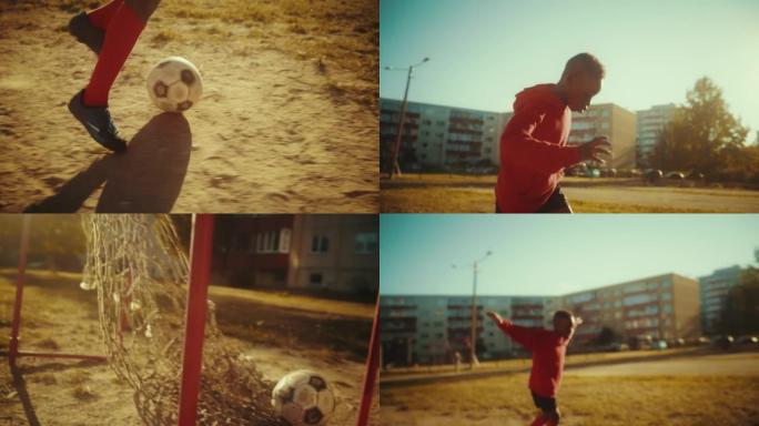 特写黑人孩子在附近玩球的肖像。年轻的非洲男孩练习足球训练，用旧足球运球，射门，庆祝。