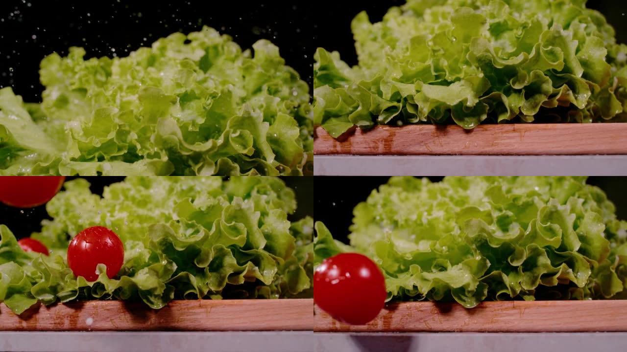 慢动作，特写: 新鲜生菜以慢动作落下，西红柿紧随其后