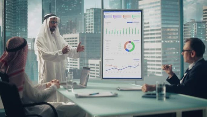 阿联酋商人为国际商业伙伴举行会议介绍。经理使用白板与增长分析，图表，统计数据和数据。沙特，阿联酋，阿
