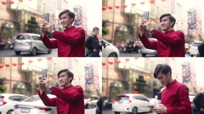 中国游客使用智能手机帮助旅行。